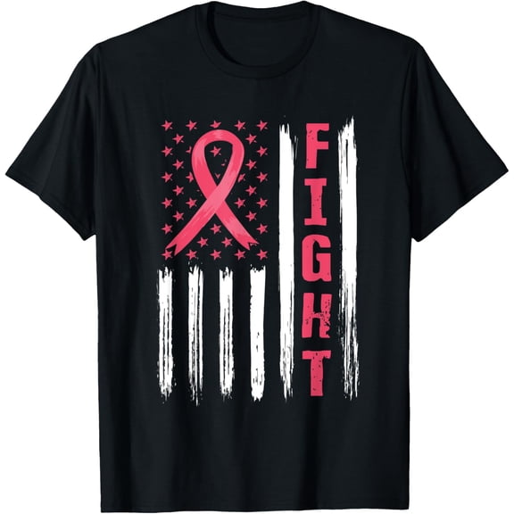 Breast Cancer Awareness Pink Ribbon American Flag Fight T-Shirt