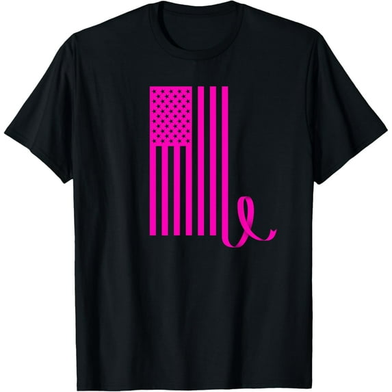 Breast Cancer Awareness Pink Ribbon American Flag T-Shirt