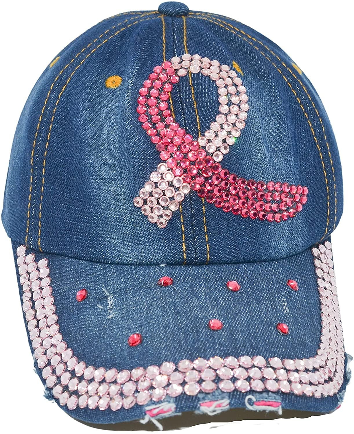 Breast Cancer Awareness Pink Ribbon Hat Womens Rhinestone 