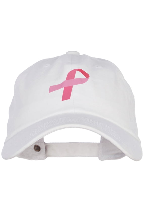 Breast Cancer Awareness Pink Ribbon Heat Transfer Unstructured Cotton Washed Cap - White OSFM