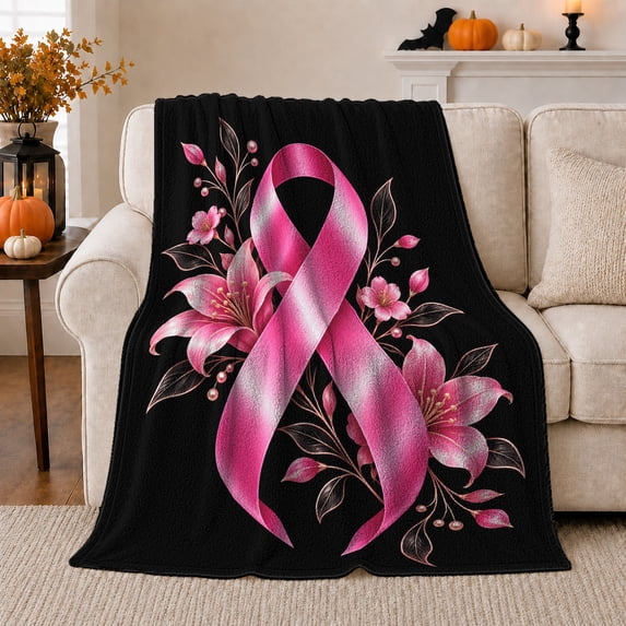 Breast Cancer Awareness Pink Ribbon Lilies, Cozy Friendship Quote Scene, Warm Flannel Blanket for Living Room and Reading Nook, Art Lovers Friendship Gift, Artistic Home Decor