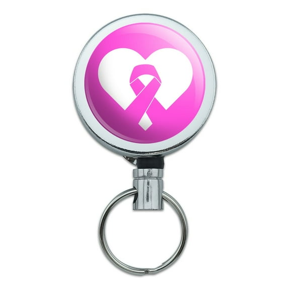 Breast Cancer Awareness Pink Ribbon in Heart Heavy Duty Metal Retractable Reel ID Badge Key Card Tag Holder with Belt Clip