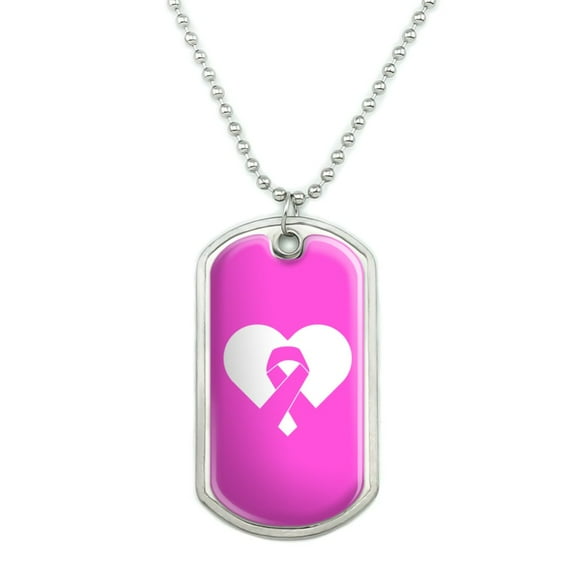 Breast Cancer Awareness Pink Ribbon in Heart Military Dog Tag Pendant Necklace with Chain