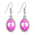 thumbnail image 1 of Breast Cancer Awareness Pink Ribbon in Heart Novelty Dangling Drop Oval Charm Earrings, 1 of 4