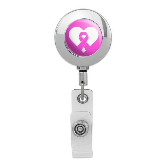 Breast Cancer Awareness Pink Ribbon in Heart Retractable Reel Premium Metal Chrome Badge ID Card Holder Clip