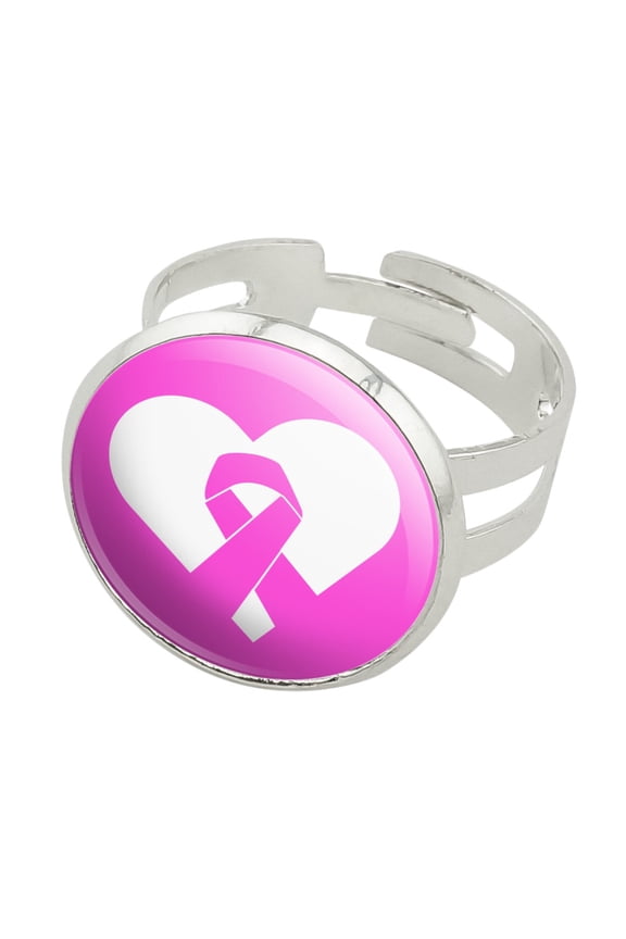 Breast Cancer Awareness Pink Ribbon in Heart Silver Plated Adjustable Novelty Ring