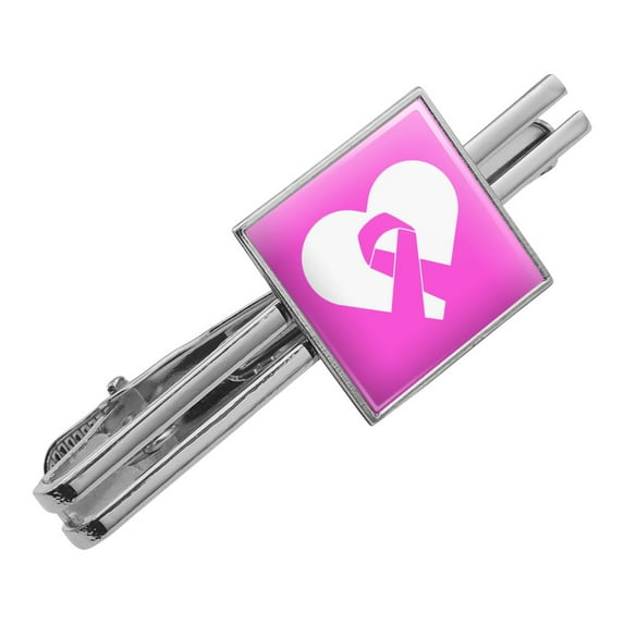 Breast Cancer Awareness Pink Ribbon in Heart Square Tie Bar Clip Clasp Tack- Silver or Gold