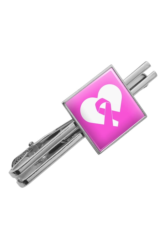Breast Cancer Awareness Pink Ribbon in Heart Square Tie Bar Clip Clasp Tack- Silver or Gold