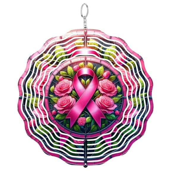 Breast Cancer Awareness Pink Roses 3D Wind Spinner Hanging, Round UV Printed Tinplate, Warrior Support Gift,