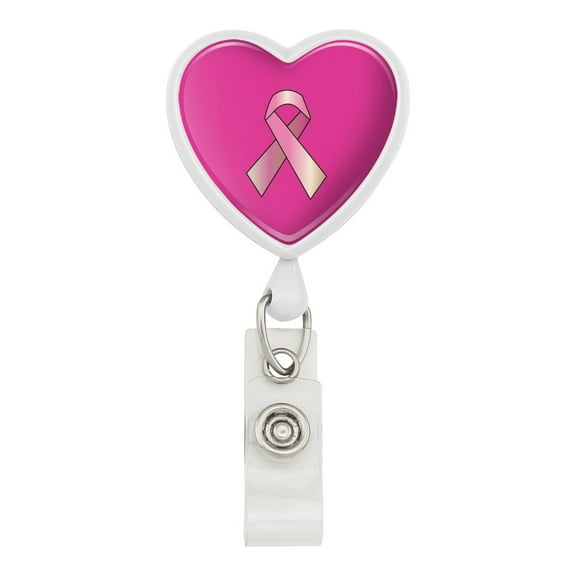 Breast Cancer Awareness Pink Support Ribbon Heart Lanyard Retractable Reel Badge ID Card Holder