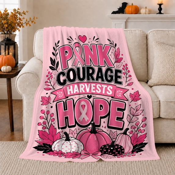 Breast Cancer Awareness Pumpkin, Festive autumn celebration Scene, Warm Flannel Blanket for Living Room and Reading Nook with Detailed Artwork, Art Lovers autumn celebration Gift, Festive Home Decor