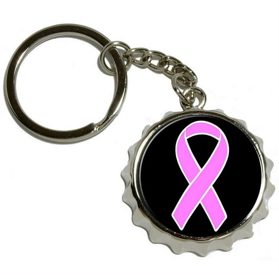 Breast Cancer Awareness Ribbon, Nickel Plated Metal Popcap Bottle Opener Keychain Key Ring