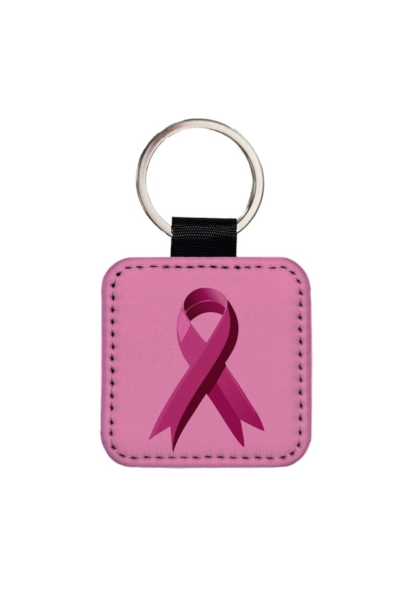 Breast Cancer Awareness Ribbon Pink Faux Leather Square Keychain
