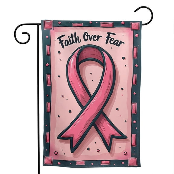 Breast Cancer Awareness Ribbon Polyester Garden Flag 12.5x18 Inch - Double Sided Outdoor Yard Support Decoration