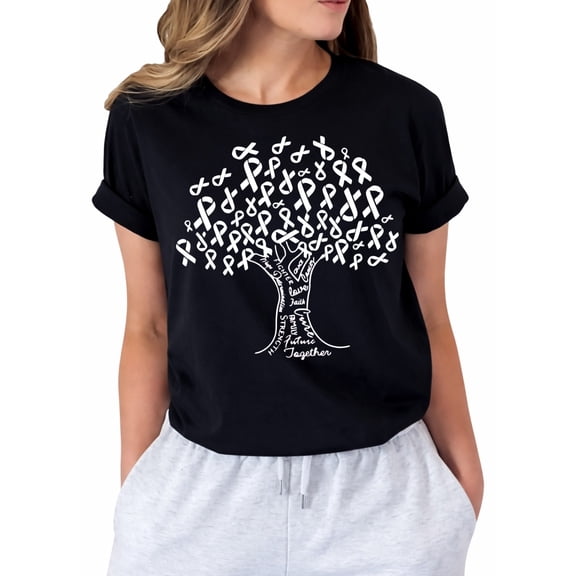 Breast Cancer Awareness Ribbon Tree T-Shirt for Women, Hope Strength Family Support Short Sleeve Graphic Shirt