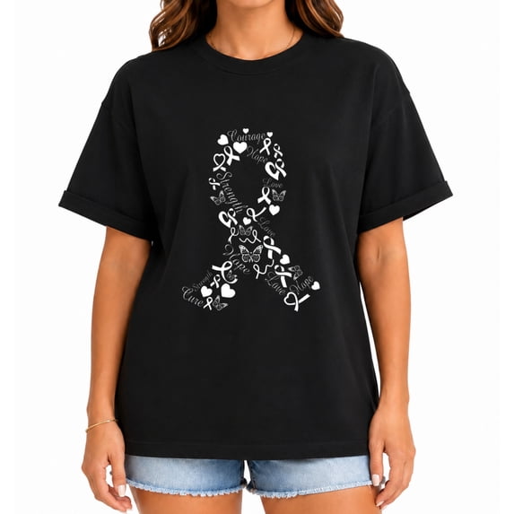 Breast Cancer Awareness Ribbon Word Art Graphic Short Sleeve T-Shirt for Women