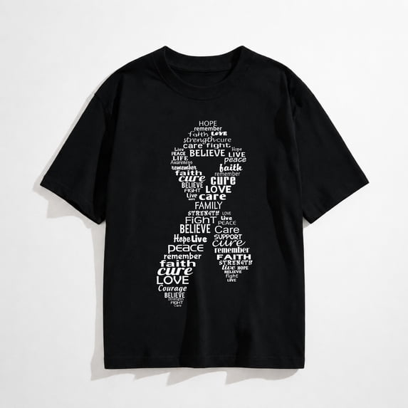 Breast Cancer Awareness Ribbon Word Art T-Shirt for Women, Hope Strength Support Inspirational Short Sleeve Shirt