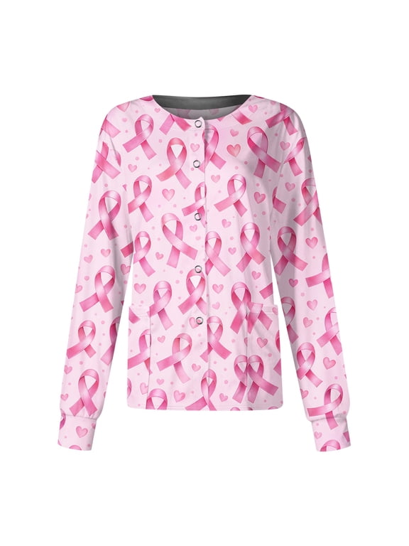 Breast Cancer Awareness Scrub Jackets Women Pink Ribbon Printed Working Shirts Breast Cancer Awareness Support Nursing Uniforms with Pockets