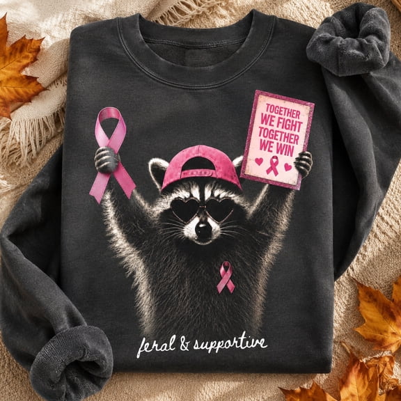 Breast Cancer Awareness Shirt, Feral and Supportive Raccoon Sweatshirt, Together We Fight Together We Win Pink Ribbon Cancer Support Gift, Survivor Warrior Hoodie and T-Shirt