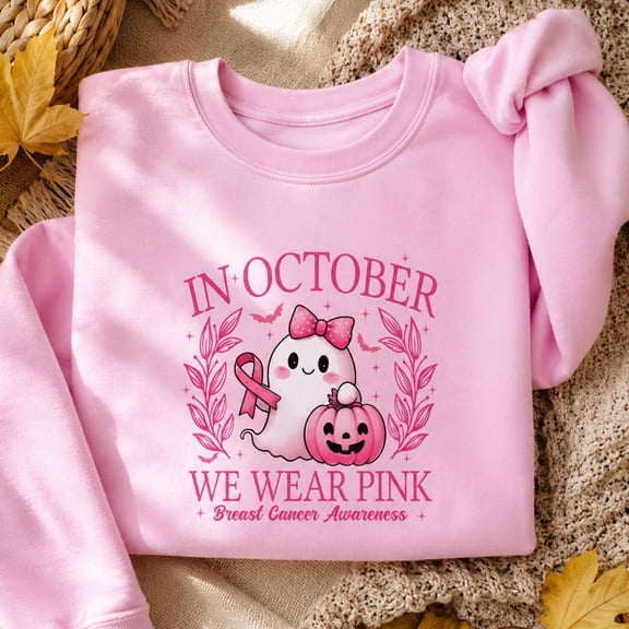 Breast Cancer Awareness Shirt, In October We Wear Pink Ghost Sweatshirt, Cute Halloween Pink Ribbon Support Gift, Survivor Hoodie and T-Shirt