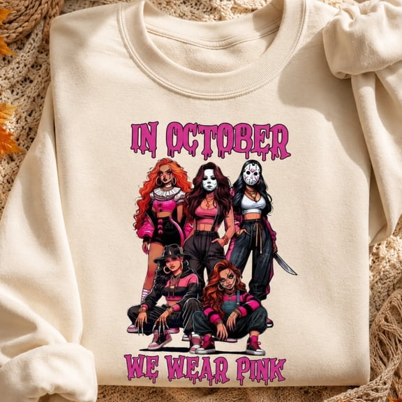 Breast Cancer Awareness Shirt, In October We Wear Pink Sweatshirt, Horror Girls Halloween Hoodie and T-Shirt, Pink Ribbon Support Gift for Women