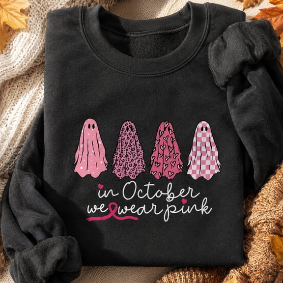 Breast Cancer Awareness Shirt, In October We Wear Pink Sweatshirt, Pink Halloween Ghost Hoodie and T-Shirt, Pink Ribbon Support Gift for Women