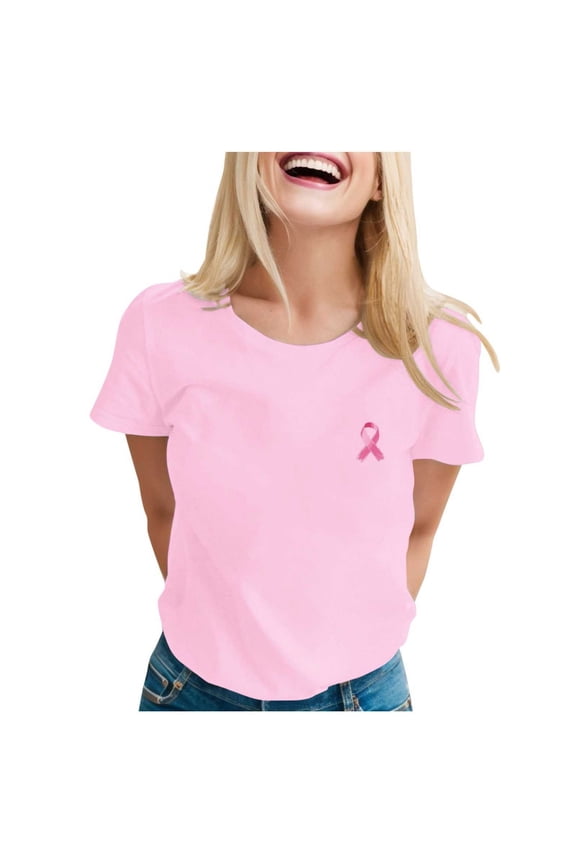 Cancer Awareness Shirt Pink Ribbon Cancer Support Squad T-shirts Cancer Survivor Crew Neck Tops (Pink,M