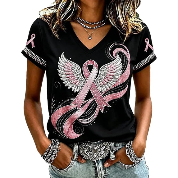 Breast Cancer Awareness Shirts For Women Pink Ribbon V-Neck Short Sleeve Tops Angel Wing Pink Ribbon Graphic Breast Cancer Survivor Print Support Tee