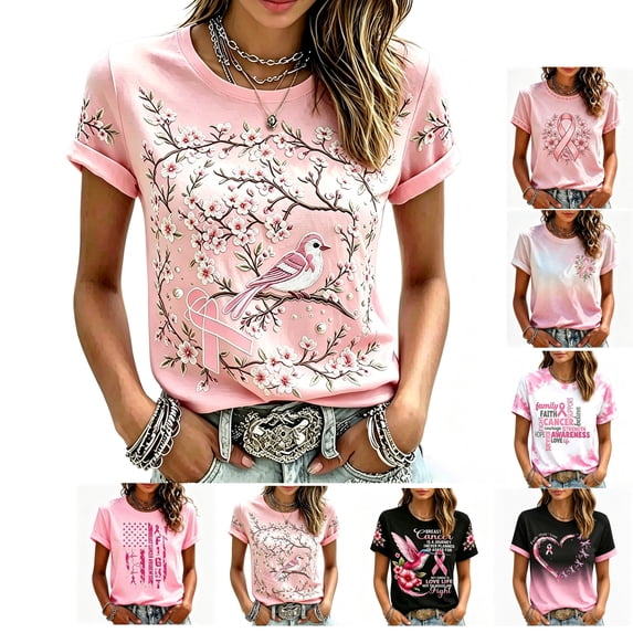 Breast Cancer Awareness Shirts Women Casual Short Sleeve Graphic Tees Tops October Breast Cancer Gifts for Woman