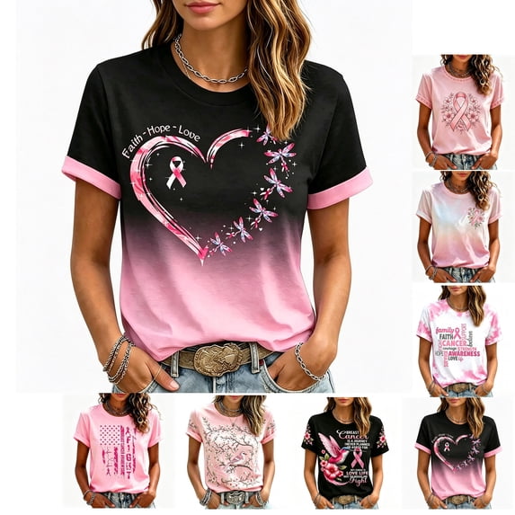 Breast Cancer Awareness Shirts Women Casual Short Sleeve Graphic Tees Tops October Breast Cancer Gifts for Woman