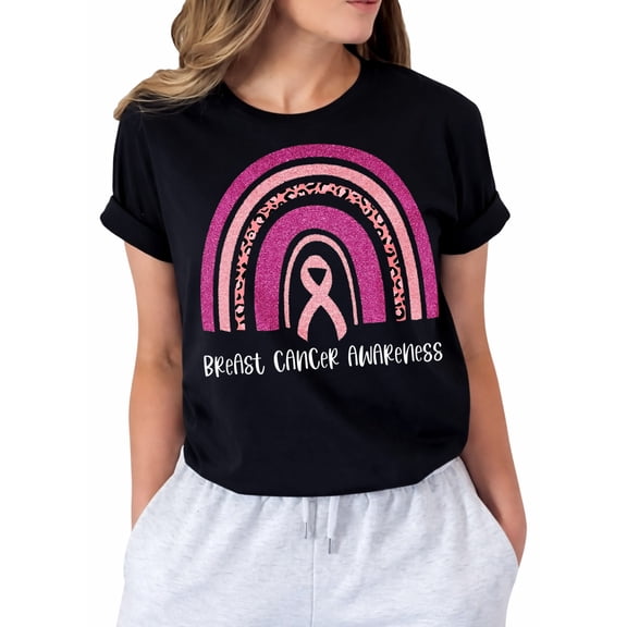 Breast Cancer Awareness Shirts Women: Pink Ribbon T-Shirt Rainbow Graphic Cancer Tee Inspiration Tops