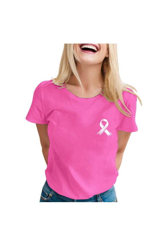Cancer Awareness Shirts Women Pink Ribbon T-Shirts Cancer Fighter Heart Graphic Tee Short Sleeve Pink Ribbons Tee Tops (Hot Pink,L