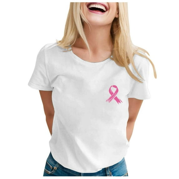 Cancer Awareness Shirts Women Pink Ribbon T-Shirts Cancer Fighter Heart Graphic Tee Short Sleeve Pink Ribbons Tee Tops (White,L