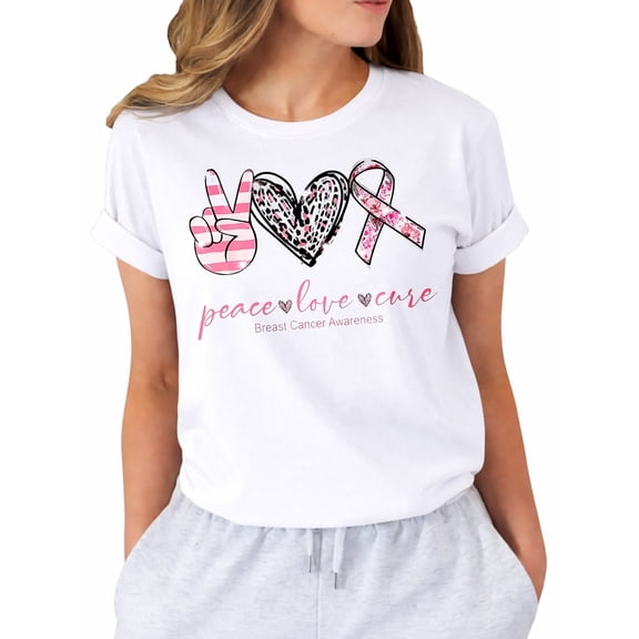 Breast Cancer Awareness Shirts Women Pink Ribbon T-Shirts Cancer Fighter Leopard Heart Graphic Tee Short Sleeve Tops