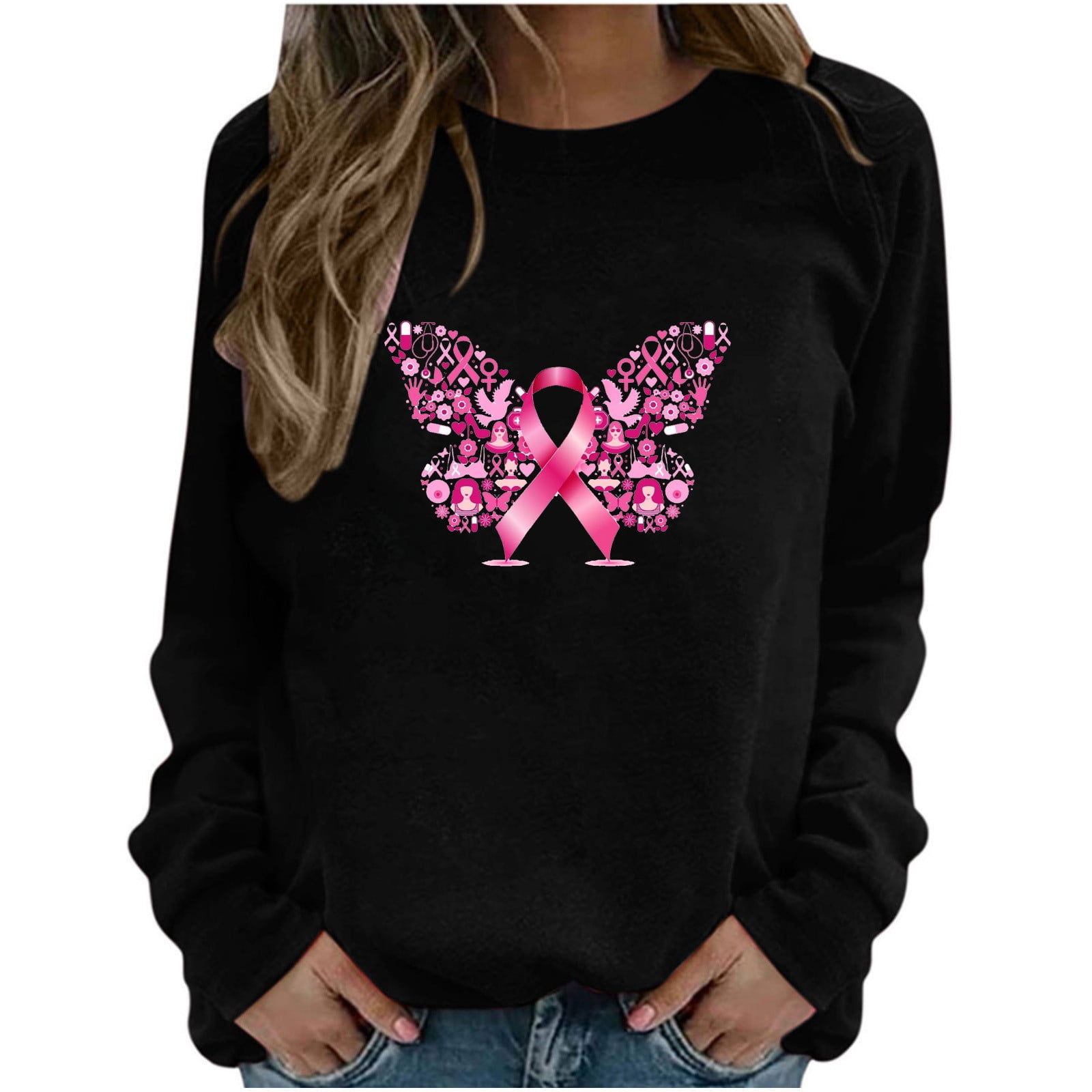 T-shirt Manches Longues Pink Ribbon Butterfly - Soutien Cancer Du Sein, Unisexe, Neuf Sans étiquette