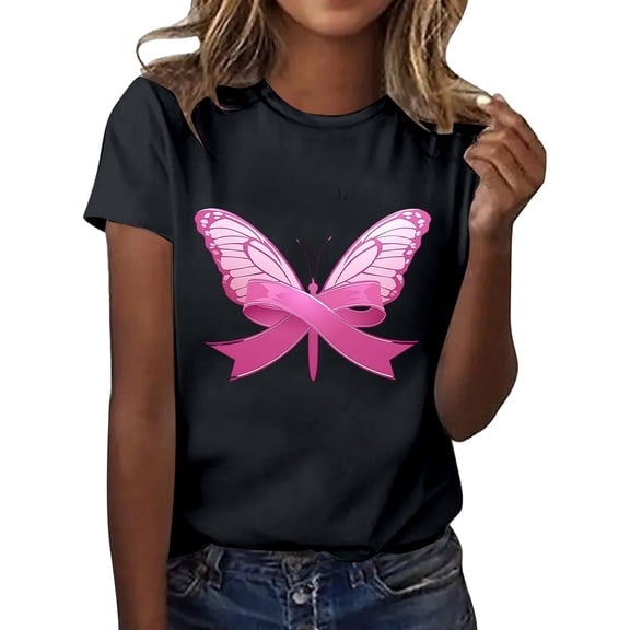 Cancer Awareness Shirts for Women Pink Ribbon Print Spread The Hope Tees Short Sleeve Crewneck Tops