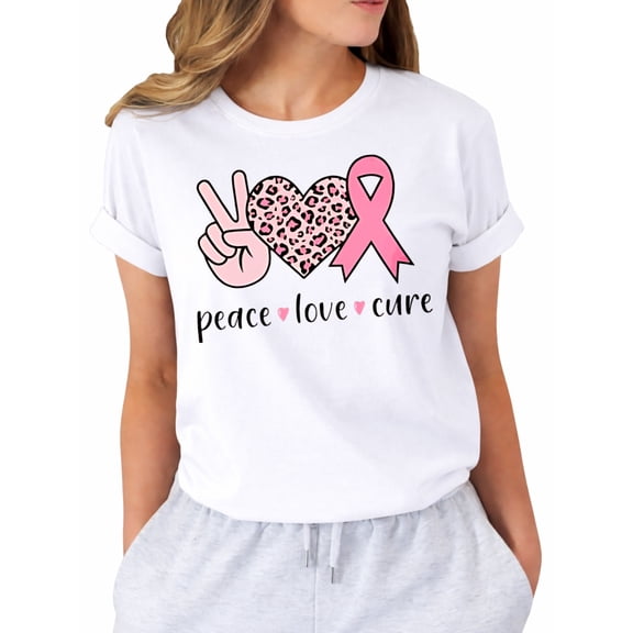 Breast Cancer Awareness Shirts for Women Pink Ribbon T-Shirt Peace Love Cure Pink Leopard Heart Tee Tops