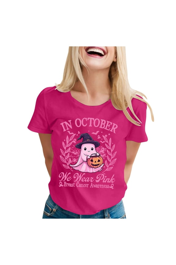 Cancer Awareness Shirts for Women in October Pink Ghost Witch Halloween Tees Short Sleeve Crewneck Pink Ribbon Survivor Gifts Tops