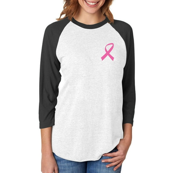 Breast Cancer Awareness Small Pink Ribbon 3/4 Women Sleeve Baseball Jersey Shirt Large black/white