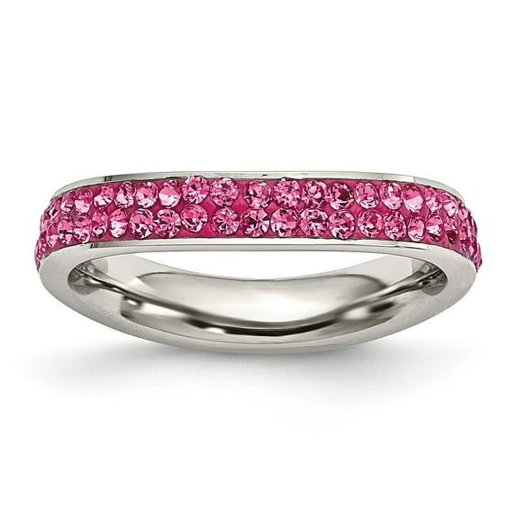 Breast Cancer Awareness Stainless Steel 4mm Polished Pink Crystal Ring