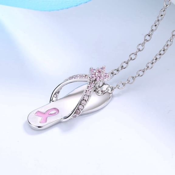 Breast Cancer Awareness Sterling Silver and Pink Sapphire Slipper Pendant Necklace