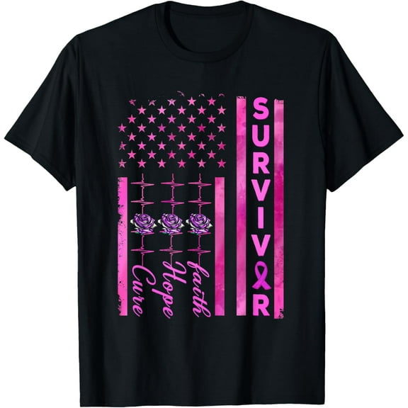 Breast Cancer Awareness Survivor American Flag Faith Hope T-Shirt