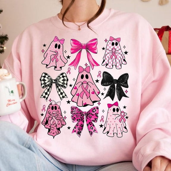 Breast Cancer Awareness Sweatshirt, Pink Ribbon Ghost Shirt with Coquette Bow, October Support SWEAT Sweatshirt, Fight Cancer Cute Fall Top BO120704