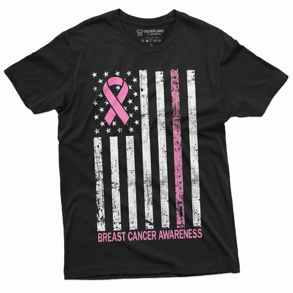 Breast Cancer Awareness T-Shirt Cancer Ribbon Usa Flag Awareness Day Tshirt (3X-Large Black)