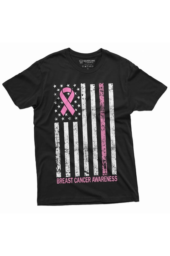 Breast Cancer Awareness T-Shirt Cancer Ribbon Usa Flag Awareness Day Tshirt (Large Black)