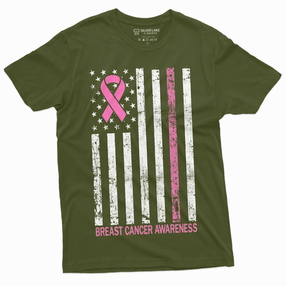 Breast Cancer Awareness T-Shirt Cancer Ribbon Usa Flag Awareness Day Tshirt (X-Large Military Green)