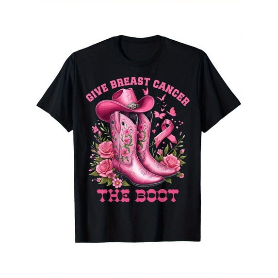 Breast Cancer Awareness T-Shirt For Women - Pink Cowboy Boot & Ribbon Design With "Give Breast Cancer The Boot" Slogan