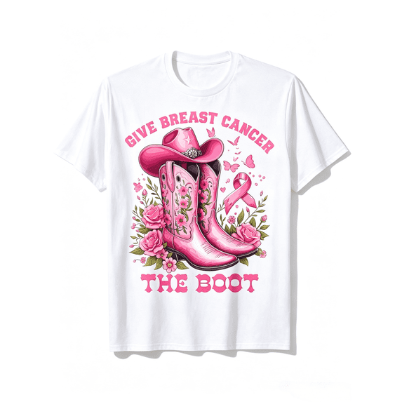 Breast Cancer Awareness T-Shirt For Women - Pink Cowboy Boot & Ribbon Design With "Give Breast Cancer The Boot" Slogan