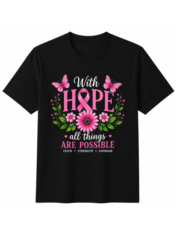 Breast Cancer Awareness T-Shirt for Women, Pink Ribbon Hope Floral Graphic Tee, Inspirational Faith Shirt, Survivor Support Gift, Butterfly Flower Casual Short Sleeve Top