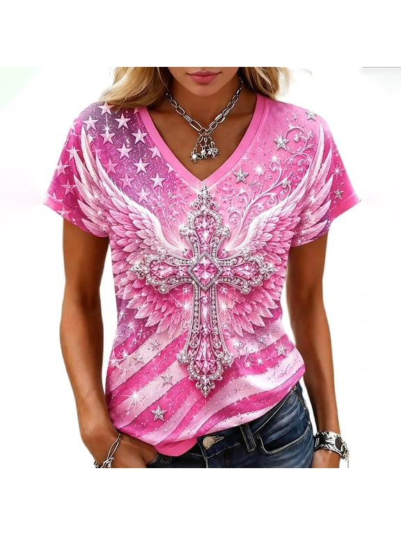 Breast Cancer Awareness T-Shirt for Women Pink Ribbon Tees Cancer Survivor Short Sleeve V-neck Casual Tops